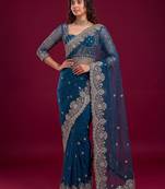 New Designer Soft Net Fabric Embroidered Work Saree With Blouse Set For Women's