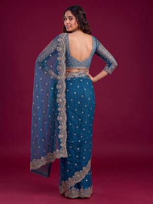 New Designer Soft Net Fabric Embroidered Work Saree With Blouse Set For Women's 2