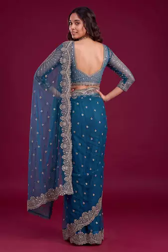 New Designer Soft Net Fabric Embroidered Work Saree With Blouse Set For Women's
