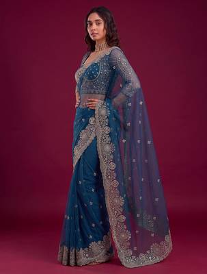 New Designer Soft Net Fabric Embroidered Work Saree With Blouse Set For Women's 3