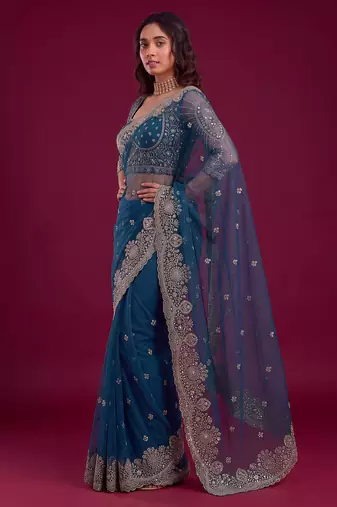New Designer Soft Net Fabric Embroidered Work Saree With Blouse Set For Women's