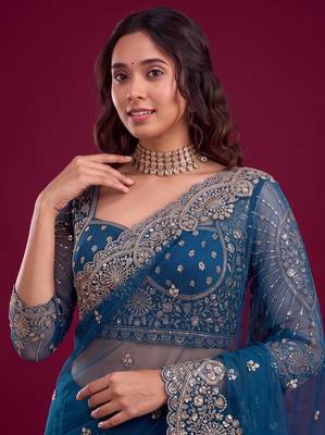 New Designer Soft Net Fabric Embroidered Work Saree With Blouse Set For Women's 4
