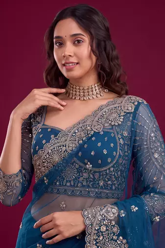 New Designer Soft Net Fabric Embroidered Work Saree With Blouse Set For Women's