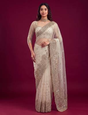 New Designer Embroidered Soft Net Fabric Saree With Blouse Set For Women's 1
