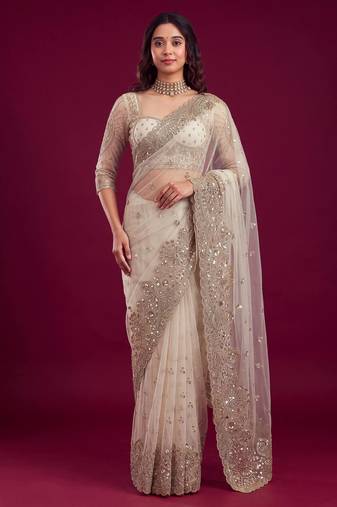 New Designer Embroidered Soft Net Fabric Saree With Blouse Set For Women's