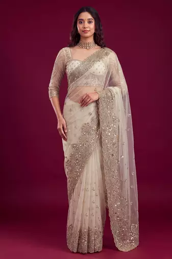 New Designer Embroidered Soft Net Fabric Saree With Blouse Set For Women's