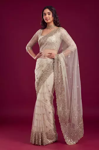 New Designer Embroidered Soft Net Fabric Saree With Blouse Set For Women's