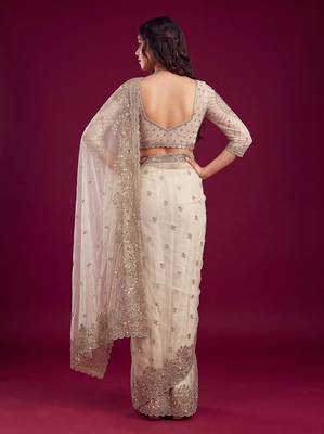 New Designer Embroidered Soft Net Fabric Saree With Blouse Set For Women's 3