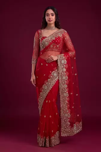 New Designer Embroidered Soft Net Fabric Saree With Blouse for Women's