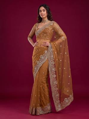 New Designer Embroidered Soft Net Fabric Saree With Blouse For Women's 3