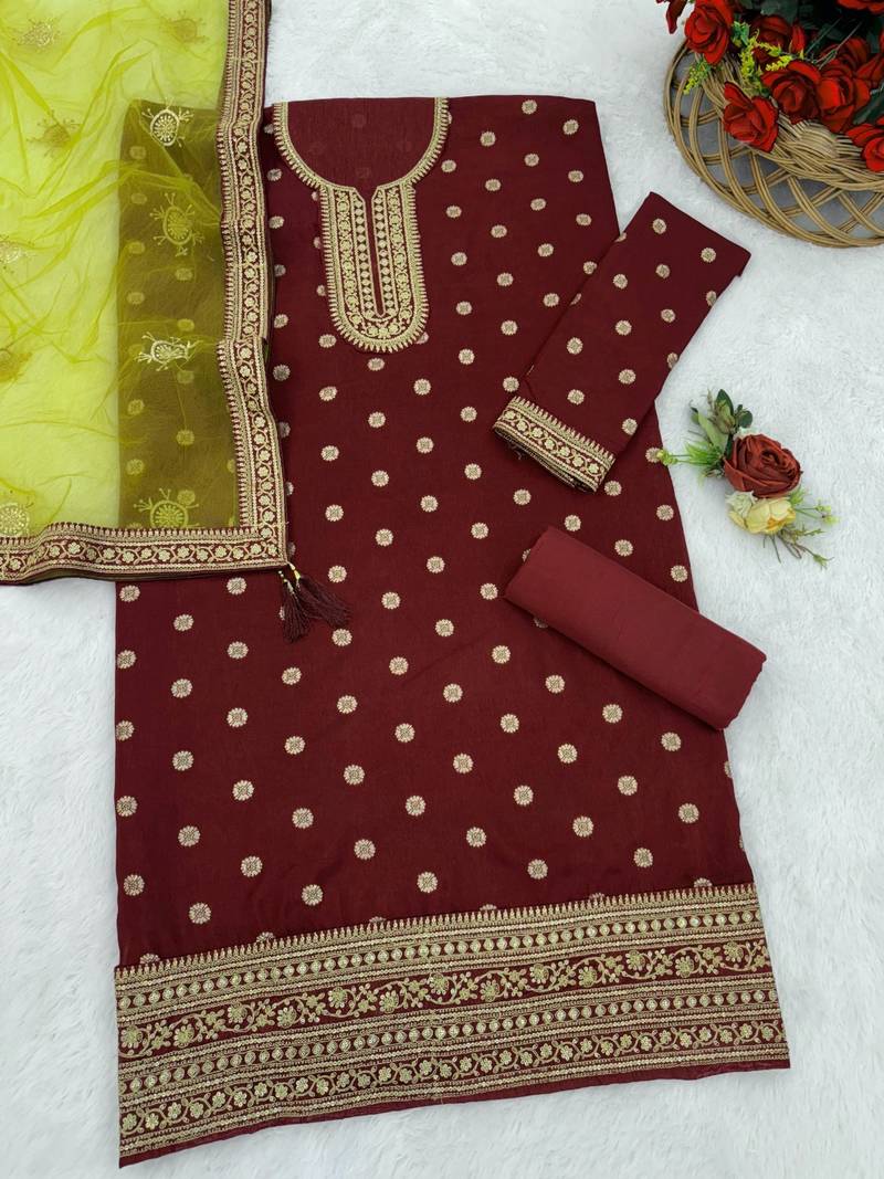 Maroon embroidered viscose patiala salwar suit