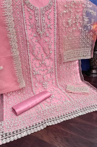 Pink net suit with coding and embroidery work