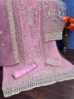 Lavender net suit with coding and embroidery work 3