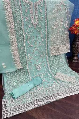 Blue net suit with coding and embroidery work