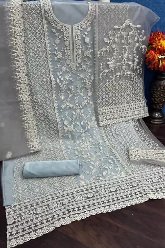 Grey net suit with coding and embroidery work