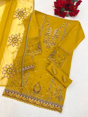 Mustard cotton suit with embroidery viscose multi thread work 3