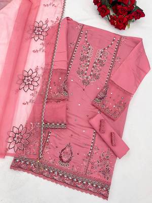 Pink cotton suit with embroidery viscose multi thread work 3