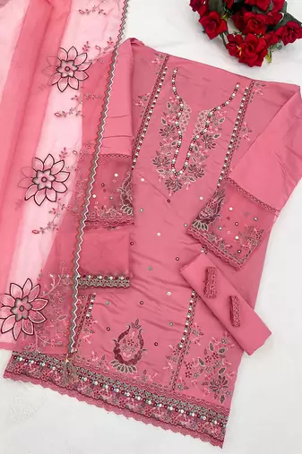 Pink cotton suit with embroidery viscose multi thread work