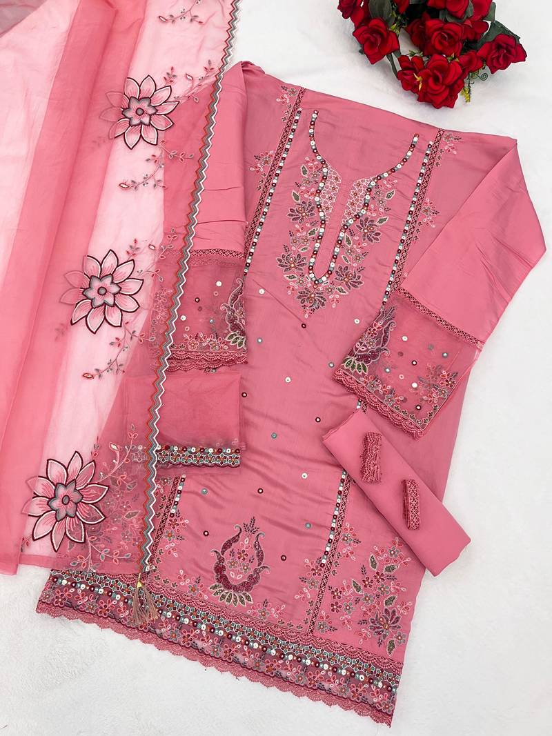 Pink cotton suit with embroidery viscose multi thread work