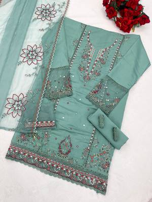 Sky blue cotton suit with embroidery viscose multi thread work 3