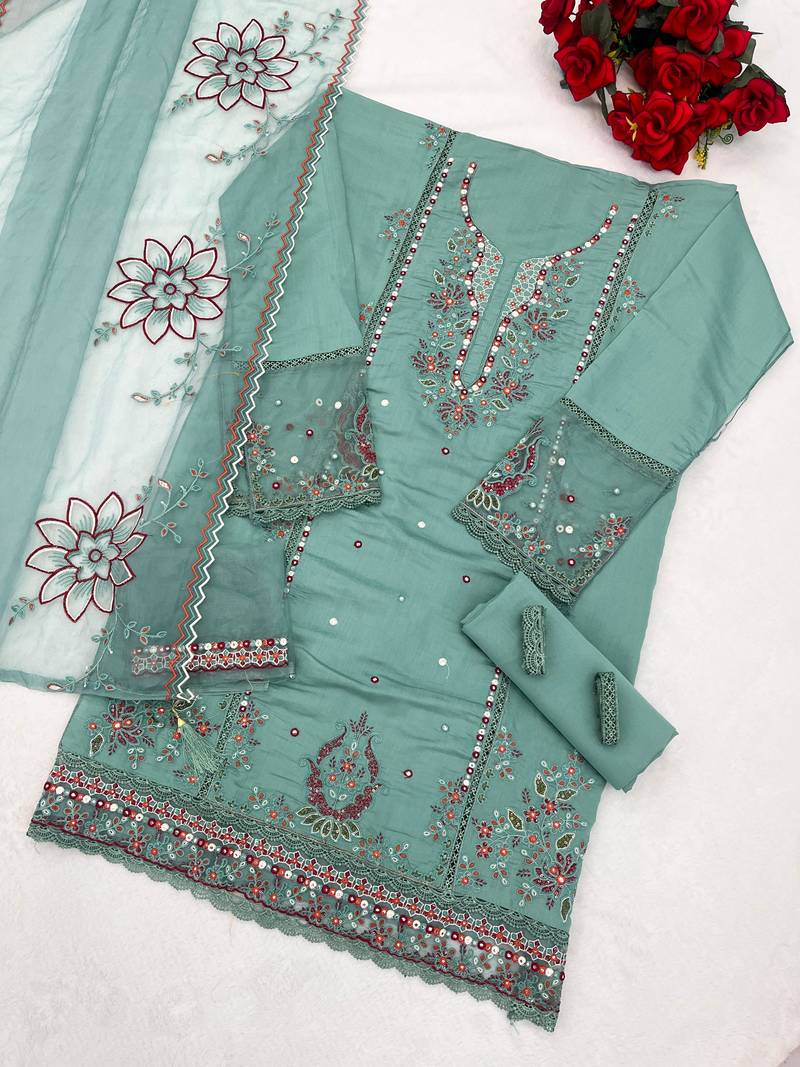 Sky blue cotton suit with embroidery viscose multi thread work