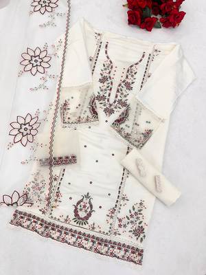 White cotton suit with embroidery viscose multi thread work 3