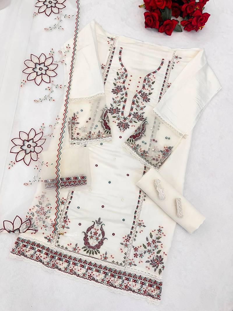 White cotton suit with embroidery viscose multi thread work