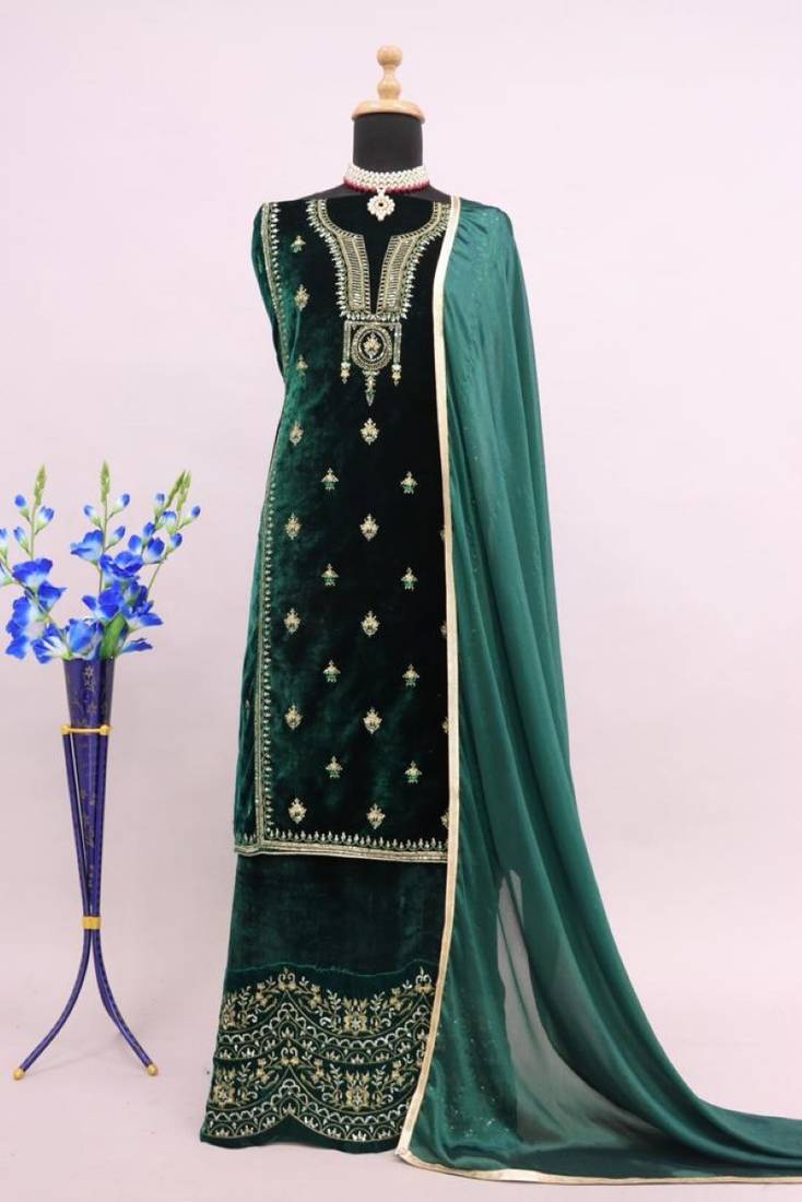 Green embroidered velvet salwar suit