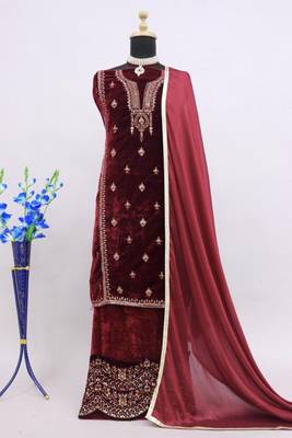 Maroon embroidered velvet salwar suit 3