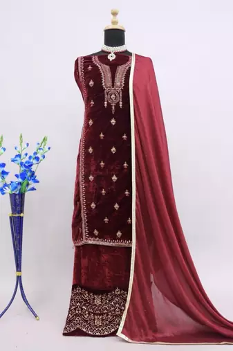 Maroon embroidered velvet salwar suit