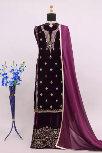 Purple embroidered velvet salwar suit