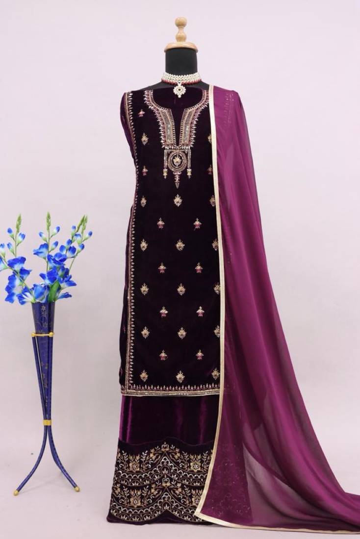 Purple embroidered velvet salwar suit