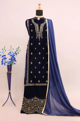 Blue embroidered velvet salwar suit