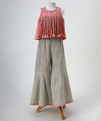 Peach and silver grey embroidered dola silk co ord set 1