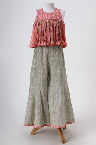 Peach and silver grey embroidered dola silk co ord set