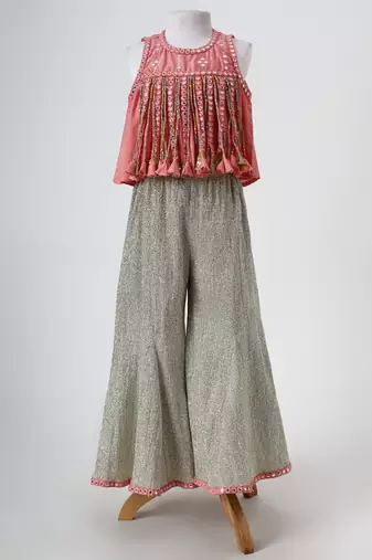 Peach and silver grey embroidered dola silk co ord set