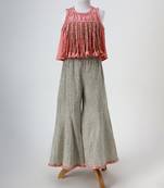 Peach and silver grey embroidered dola silk co ord set