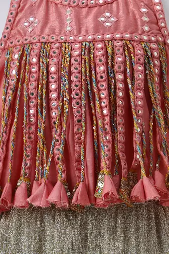 Peach and silver grey embroidered dola silk co ord set