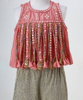 Peach and silver grey embroidered dola silk co ord set 4