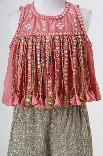 Peach and silver grey embroidered dola silk co ord set