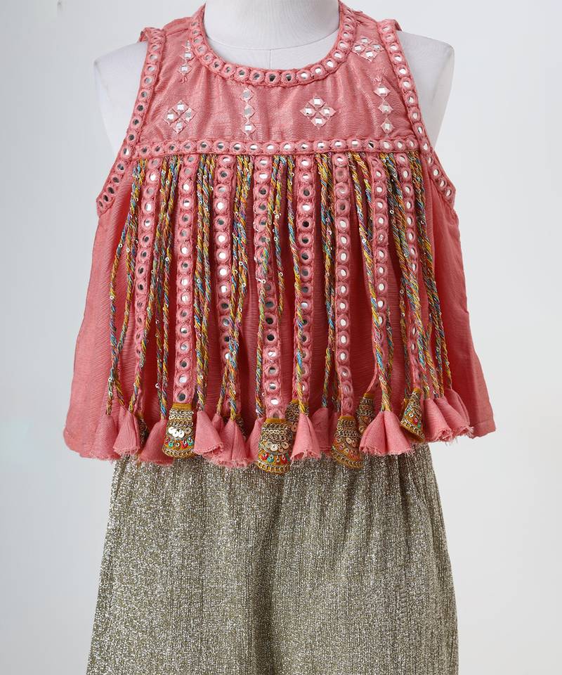 Peach and silver grey embroidered dola silk co ord set