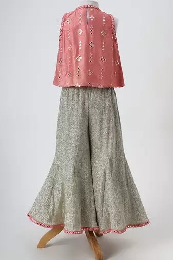 Peach and silver grey embroidered dola silk co ord set