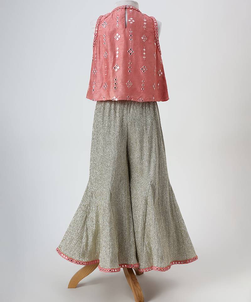 Peach and silver grey embroidered dola silk co ord set