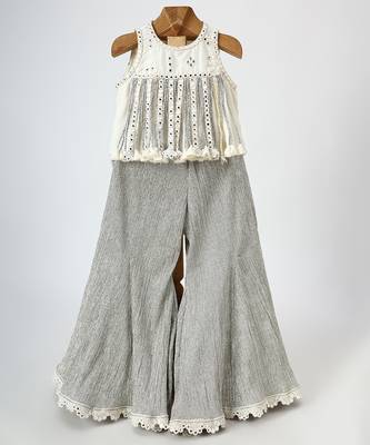 Off white and silver grey embroidered dola silk co ord set 1