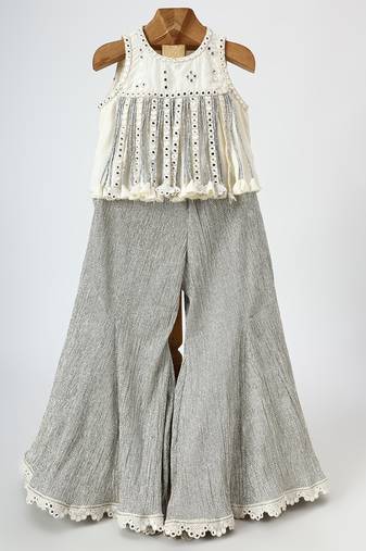 Off white and silver grey embroidered dola silk co ord set