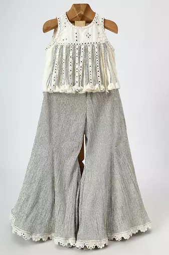 Off white and silver grey embroidered dola silk co ord set