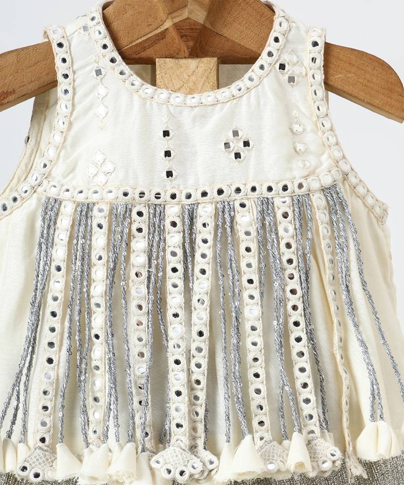 Off white and silver grey embroidered dola silk co ord set