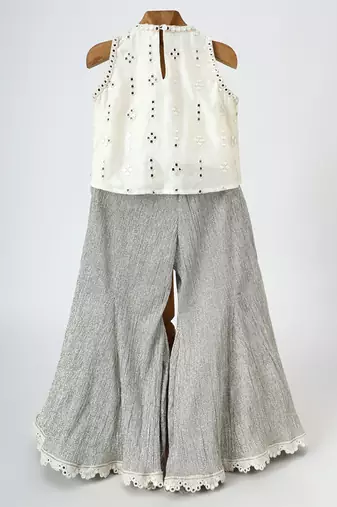 Off white and silver grey embroidered dola silk co ord set