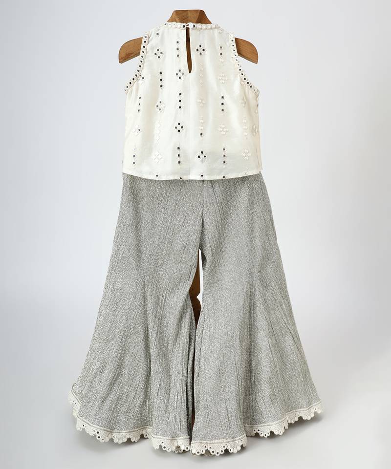 Off white and silver grey embroidered dola silk co ord set