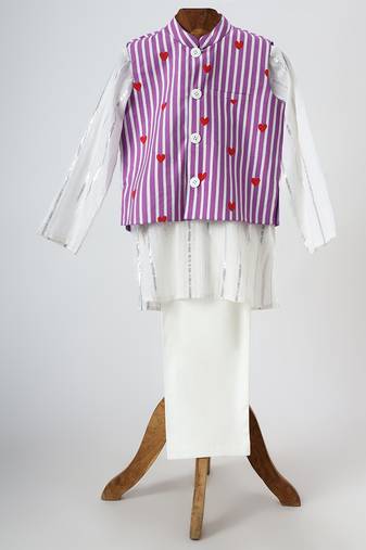 White and purple printed lurex kurta jacket set